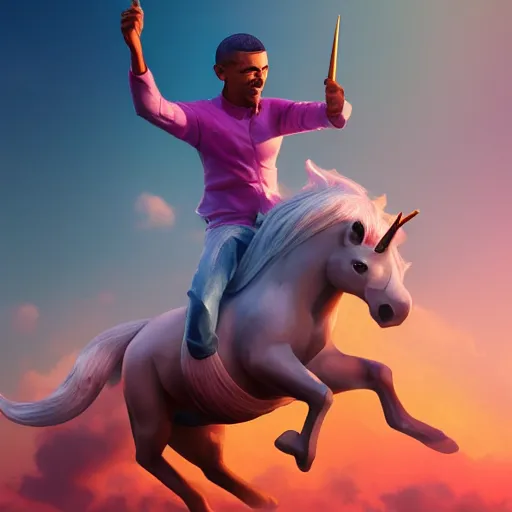 Image similar to obama riding a unicorn, hyperrealistic masterpiece, trending on artstation, cgsociety, kodakchrome, golden ratio, cinematic, composition, beautiful lighting, hyper detailed, octane render, 4 k, unreal engine