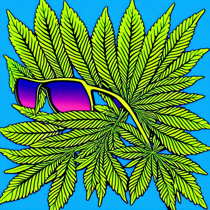 Prompt: trippy sativa leaf wearing sunglasses sticker art, digital art, high detail, sharp, vibrant, no crop