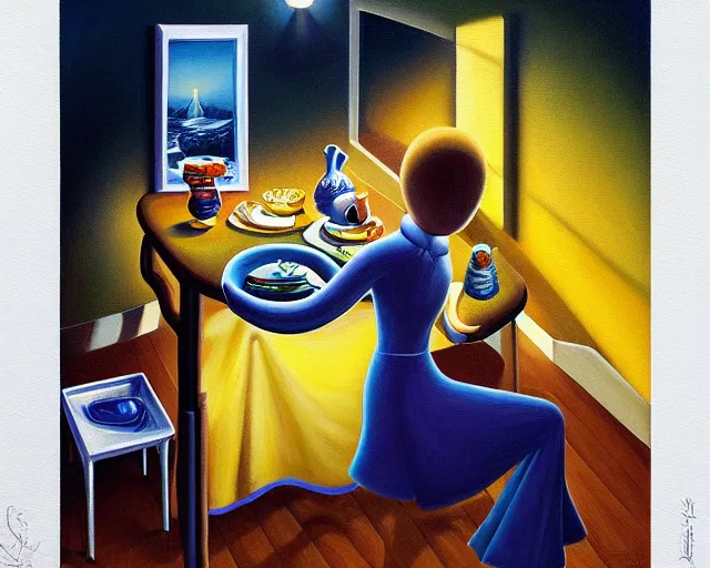 Image similar to a painting of the concept of joy on a table at night, ultrafine detailed painting by rafal olbinski, behance contest winner, pop surrealism, detailed painting, very detailed, minimalist, skeuomorphic, airbrush art