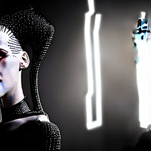 Prompt: cinematic portrait of kristen mcmenamy as bride of frankenstein as a replicant in a busy nightclub, frightened and angry, still from the movie ex machina, fashion photography, a sign is in the background, 8 k, high detail, face in focus