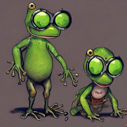 Prompt: Anthropomorphic child frog who wears goggles and apocalyptic tech,greg rutkowski,and Sarah Andersen,ambient style, very detailed,detailed,detailed