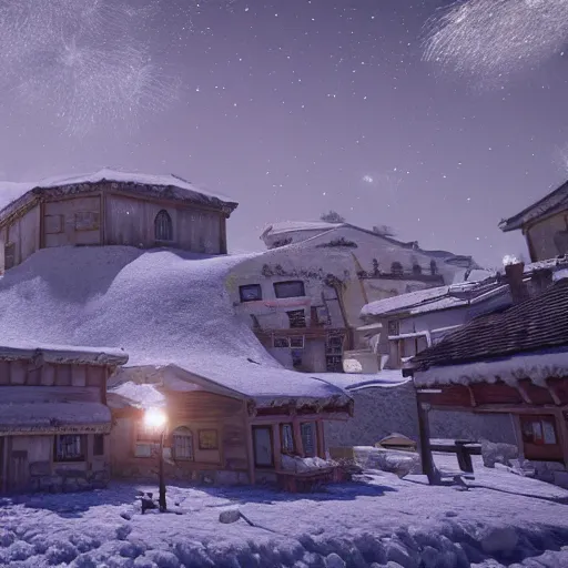 Image similar to a snowy village on the moon, 8 k, highly detailed, unreal engine render