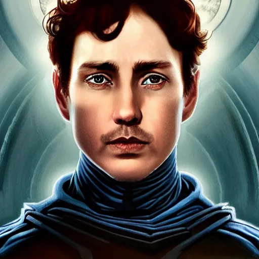 Image similar to realistic paul atreides emperor of the known universe, perfect dramatic and dark portrait by rabbitary b, trending on artstation, deviantart, dune, low angle oil painting and composition laws, dark foggy background, masculine man with thin lines on the face, medium - long curly brown hair, completely blue eyes, denis villeneuve cinematography