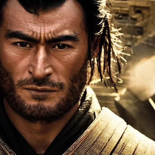 Image similar to handsome and strong kurdish samurai in a movie directed by christopher nolan, movie still frame, promotional image, imax 7 0 mm footage, perfect symmetrical facial features