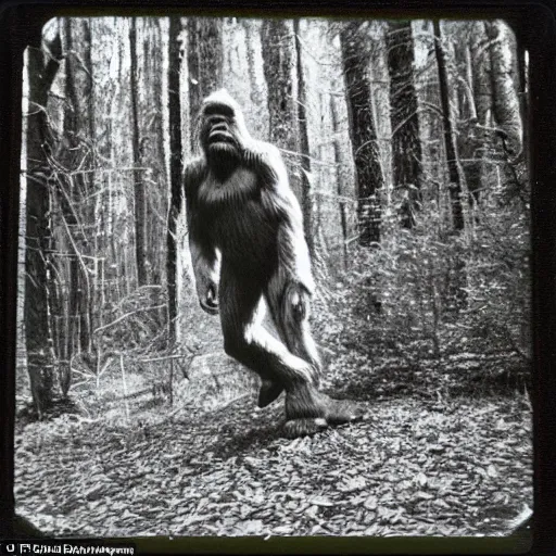 Image similar to 80s polaroid photo of bigfoot in the woods, profile view, very grainy, overexposed, candid flash photography