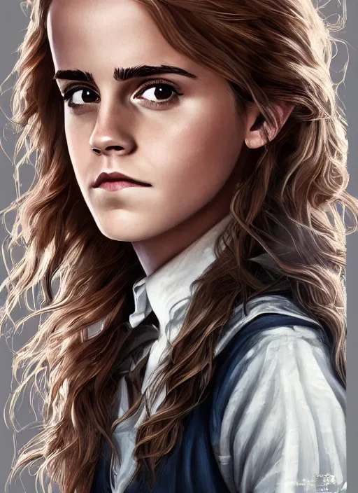 Image similar to portrait of emma watson as hermione granger. beautiful. happy. art by shinji aramaki. extremely detailed. 4 k.