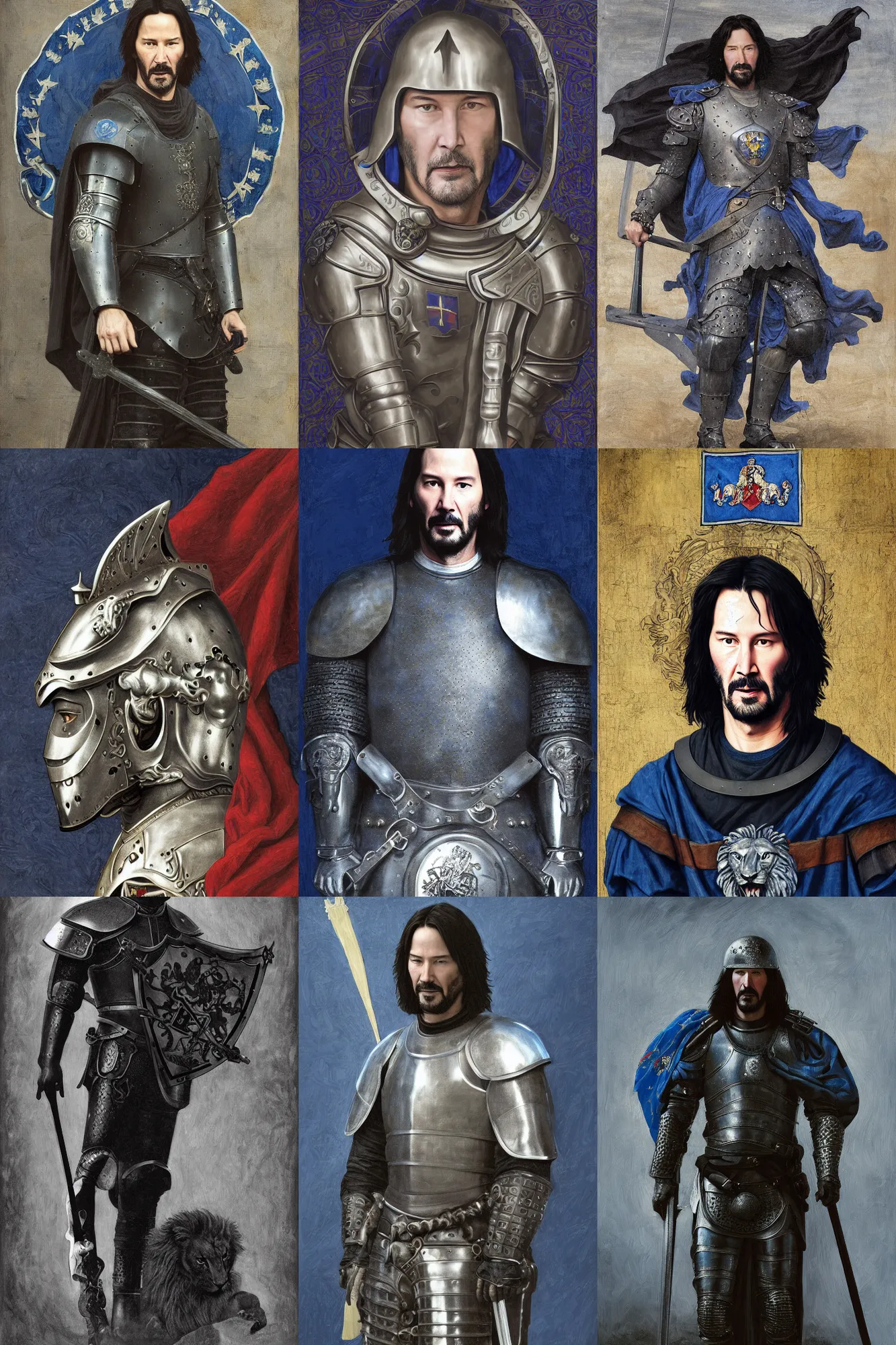 Prompt: keanu reeves in medieval armour, blue houpelande, silver lion blazon flag in background, moody, dark, highly detailed, digital painting, bouguereau and dittmann