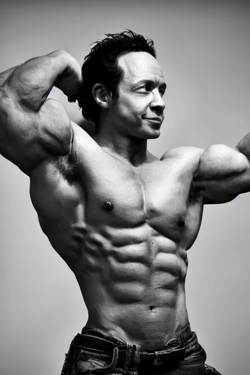 Prompt: Sam Riegel is a jacked muscle builder gigachad, grayscale photography, Critical Role, Smirk