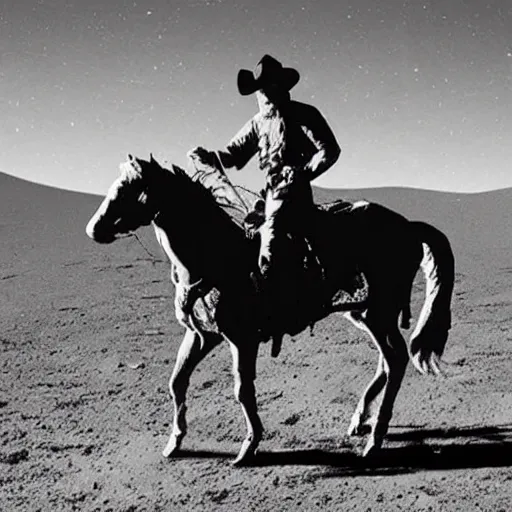 Image similar to anton lavey wearing a cowboy hat, riding a horse on the moon