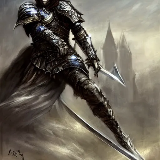 Image similar to messi as a knight crouching down holding a sword over his head by daniel gerhartz, artorias, abysswalker, dark souls, featured on deviantart, fantasy art, concept art, 2 d game art, official art