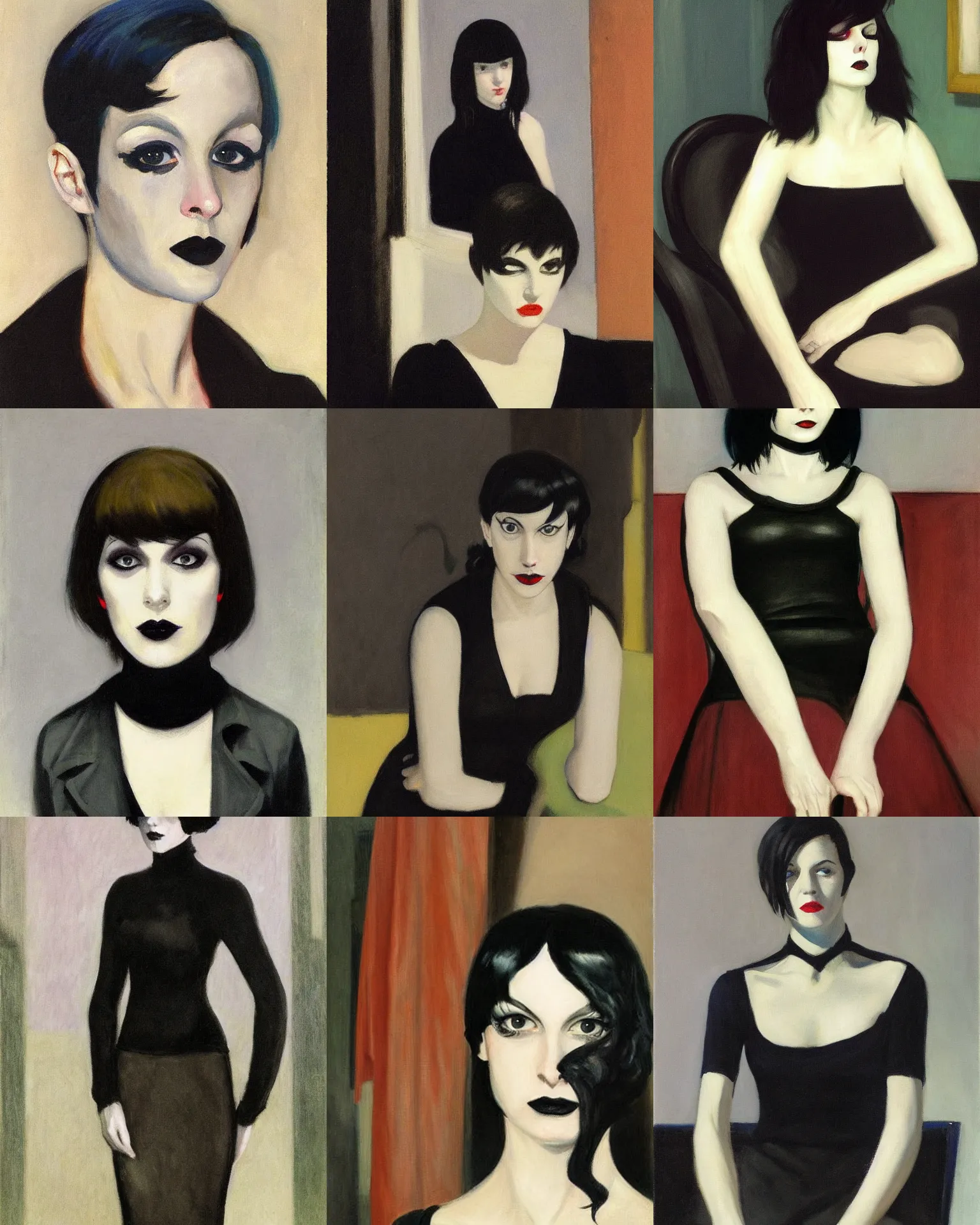 Prompt: A goth portrait by Edward Hopper. She has large evil eyes with entirely-black sclerae!!!!!! Her hair is dark brown and cut into a short, messy pixie cut. She has a slightly rounded face, with a pointed chin, and a small nose. She is wearing a black leather jacket, a black knee-length skirt, a black choker, and black leather boots.