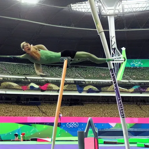 Prompt: Frog pole vaulting at the Olympics