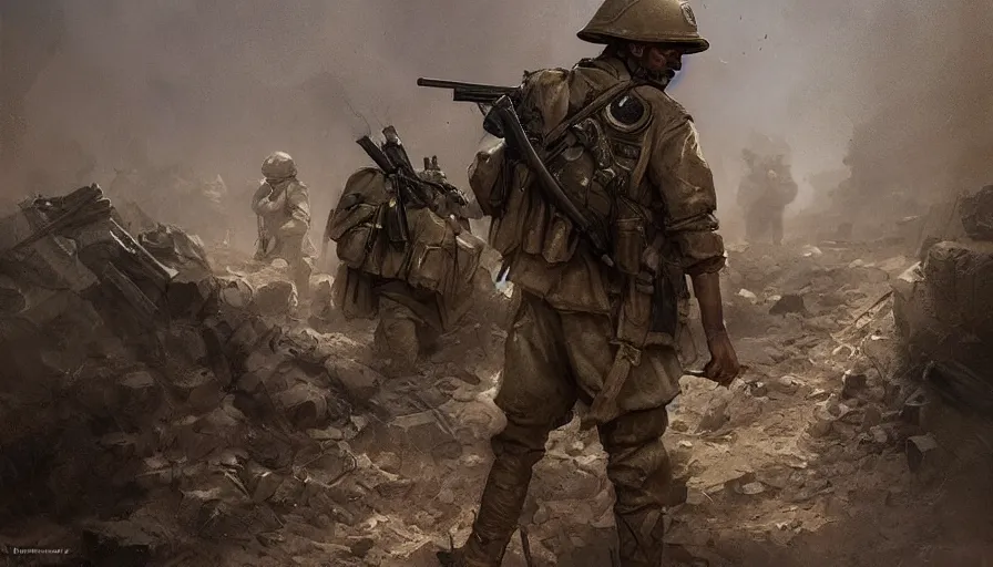 Image similar to beautiful digital painting of a lone survivor, one soldier after his squad killed in action in a trench waiting for the war to end. cinematic lighting and rendering, atmospheric, concept art, high detailed faces, artstation by artgerm and greg rutkowski,,