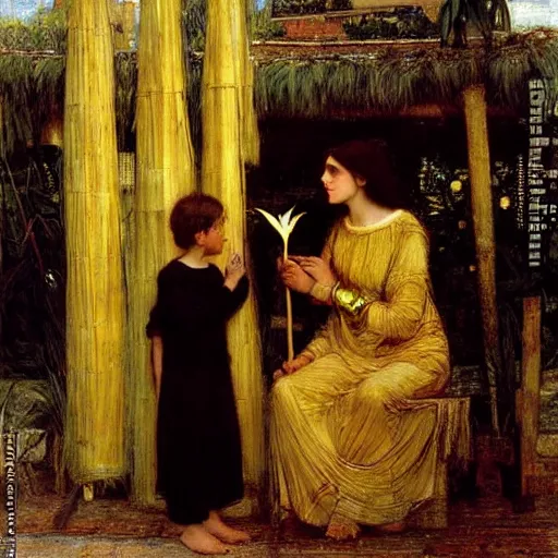 Prompt: father and son hold a lulav and citron in a sukkah, golden hour, painting by john william waterhouse, highly detailed