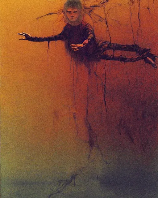 Image similar to early color photo of a scared enlightened boy flying up in sky, Beksinski painting, part by Adrian Ghenie and Gerhard Richter. art by Takato Yamamoto, Francis Bacon masterpiece