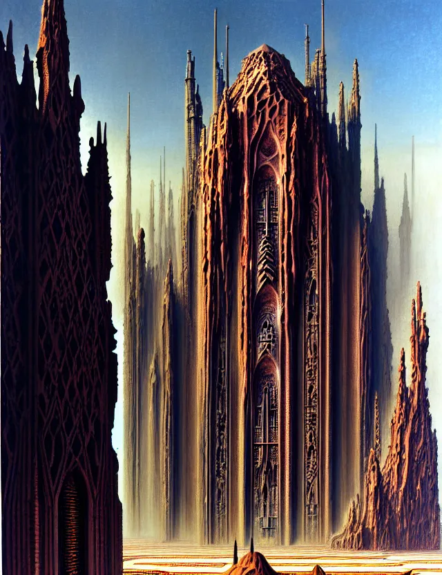 Prompt: close shot of a giant immense tomb gothic architecture advanced technology scifi architectural structure desert planet, fantasy, elevator, side ramp entrance, ambulance, smoke, dead bodies, guards intricate, painting by lucian freud and mark brooks, bruce pennington,