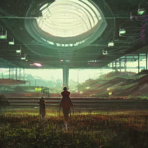 Prompt: a farm inside of a stadium, Simon Stalenhag, Wadim Kashin, solarpunk, utopian socialism, detailed, 4K, cinematic