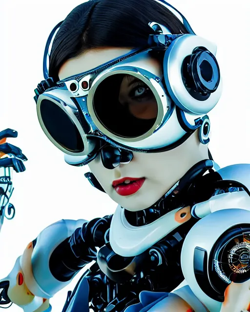 Image similar to centered portrait photo of flirtatious young lorena herrera as a solarpunk mecha humanoid robotic parts wearing goggles with bright lights, real human face, pudica pose, inside white room, ultra - realistic and detailed, 8 k