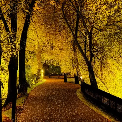 Prompt: Autumn night, Full moon,path surrounded by trees with yellow leafs, beautiful