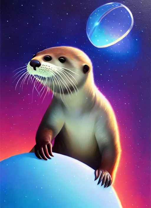 Prompt: a portrait of a cute otter with a space helmet, swimming through a beautiful galaxy!!!, detailed, artstation, art by rhads and miyazaki