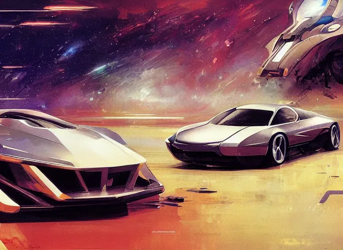Prompt: luxurious futuristic sportscar with renaissance inspiration by John Berkey and Vincent Di Fate, rule of thirds, concept car, beautiful, in intergalactic hq, ethereal lighting, smooth, masterpiece, Refined
