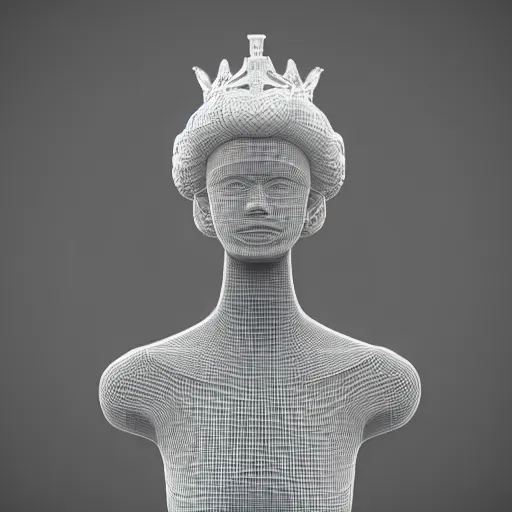 Image similar to 3 d render of a sculpture of a tall girl with long hair and a crown on her head, no colors, white and black, plastic, 4 k, 8 k, hd,