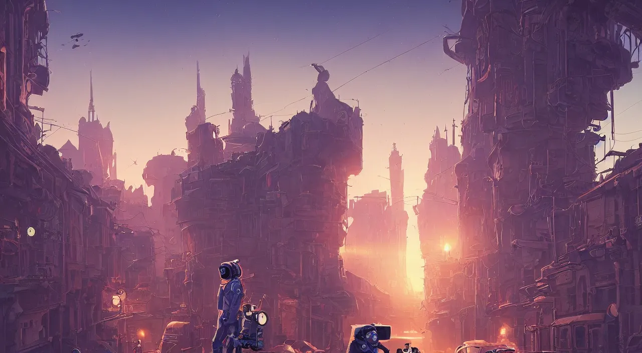 Prompt: a street level painting towards the horizon with high detail, sci - fi colorful victorian city with a victorian astronaut in the foreground at sunset with sharp shadows by tyler edlin and sparth, wide angle lens, 4 k, vray, art nouveau influences. roger deakins, cinematic cinematography.