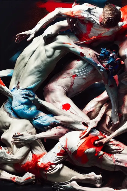 Prompt: bodies entwined in a fight, extremely intricate and detailed, by painted by francis bacon, conor harrington, adrian ghenie, and james jean. 8 k cinematic lighting, hyper realism