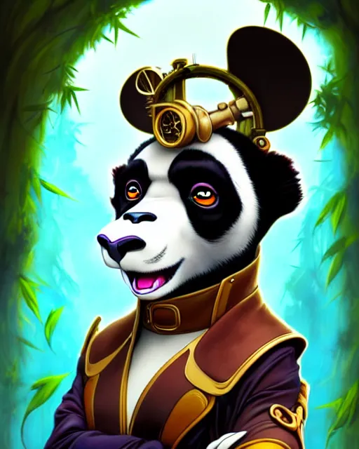 Image similar to don bluth, loish, artgerm, joshua middleton, steampunk, clockpunk anthropomorphic panda, full sailor suit, symmetrical eyes symmetrical face, colorful animation forest background