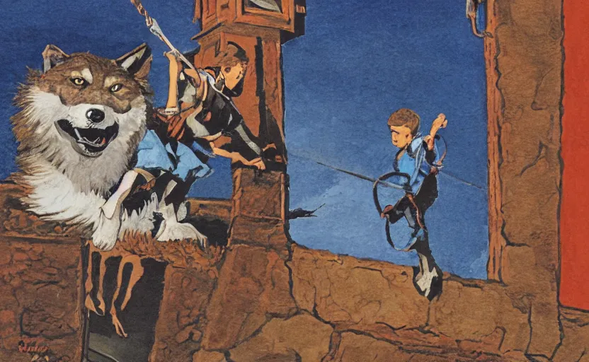 Image similar to a boy fighting a wolf on the edge of a clocktower, gouache, print