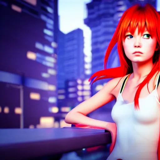 Image similar to asuka langley in a neon city, octane render 8 k, photorealistic render, atmospheric render, beautiful face, cute, realistic skin, redshift render, realistic reflections