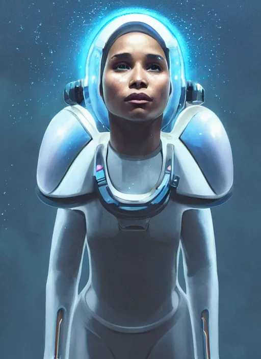Image similar to Zoe Kravitz with short hair as a futuristic astronaut, helmet with led lights, underwater in the ocean at night, clear water, volumetric lighting, glowing lights, 4k, octane, digital painting, artstation, concept art, sharp focus, illustration, art by artgerm and greg rutkowski and alphonse mucha , wide angle view,