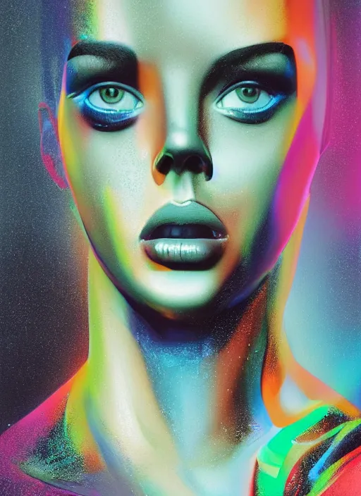 Prompt: futuristic lasers tracing, colorsmoke, fullbodysuit, pyramid hoodvisor, face cover, raindrops, wet, oiled, beautiful cyborg girl, by steven meisel, kaws, rolf armstrong, mondrian, hannah af klint perfect geometry abstract acrylic, octane hyperrealism photorealistic airbrush collage painting, monochrome, fluorescent colors, minimalist rule of thirds, eighties eros