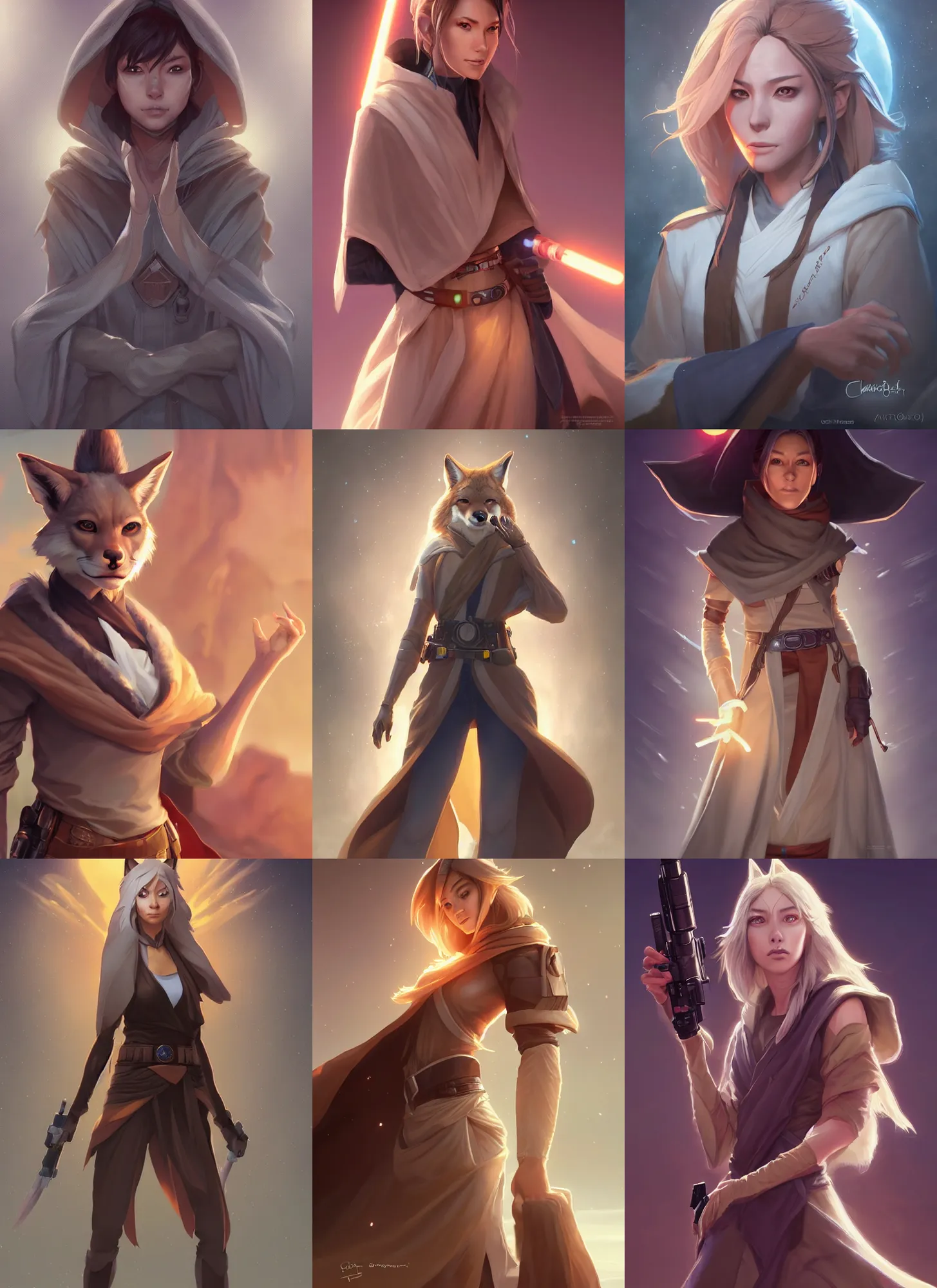 Image similar to beautiful portrait of a female anthro coyote wearing jedi robes. character design by charlie bowater, ross tran, artgerm, and makoto shinkai, detailed, soft lighting, rendered in octane