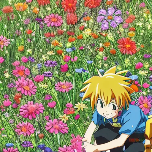 Image similar to A scene from an anime with characters in a field of flowers, close up, details, sharp focus, beautiful, intricate, digital illustration, by Akira Toriyama