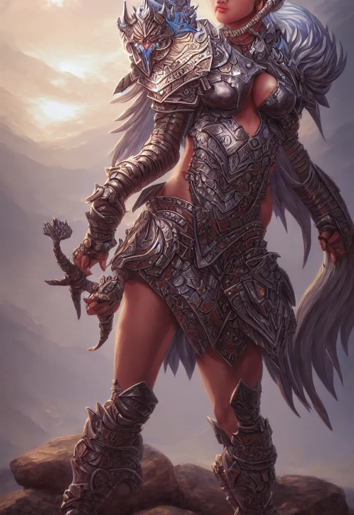 Prompt: sakimi chan, standing on a rock, fantasy armor, detailed face, tony sart, hyper realistic