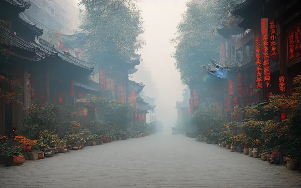 Prompt: hazy fall morning in chengdu, narrow quiet streets, postcard, hasselblad mamiya kodak ektar velvia