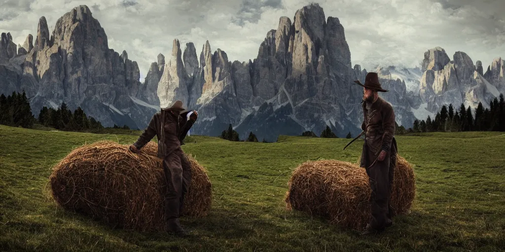 Image similar to alpine farmer transforming into a monster ,roots and hay coat, dolomites in background, dark, eerie, despair, portrait photography, artstation, digital art, concept art, artstation, highly detailed, sharp focus, by caravaggio