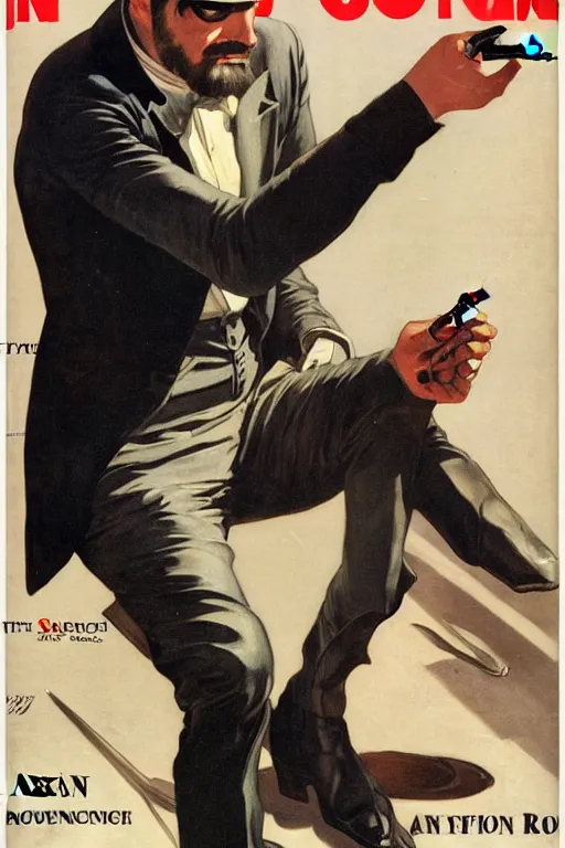 Prompt: Adam Jensen holding a cigarette in his robot hand, The Saturday Evening Post cover, by J. C. Leyendecker