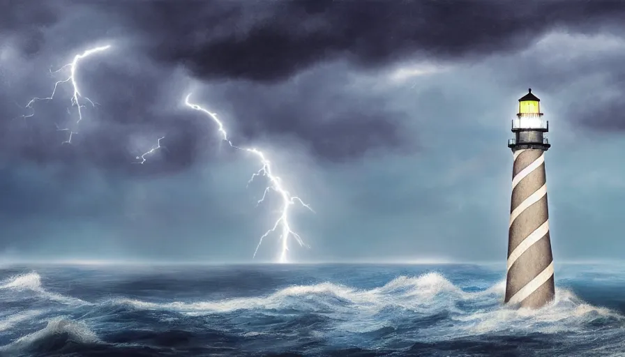 Image similar to a lighthouse being struck by lightning out at sea, digital art, highly detailed, realistic, bright colors, 8 k