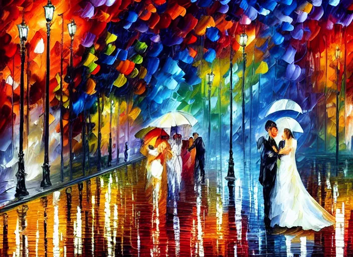 Prompt: A romantic wedding in the rain, painting by Leonid Afremov