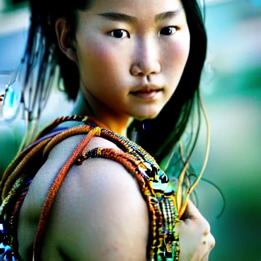 Image similar to portrait of a stunningly beautiful asian tribal female, depth of field, zeiss lens, detailed, symmetrical, centered, fashion photoshoot, by annie leibovitz and steve mccurry, david lazar, jimmy nelsson, breathtaking, 8 k resolution, extremely detailed, beautiful, establishing shot, artistic, hyperrealistic, beautiful face, octane render