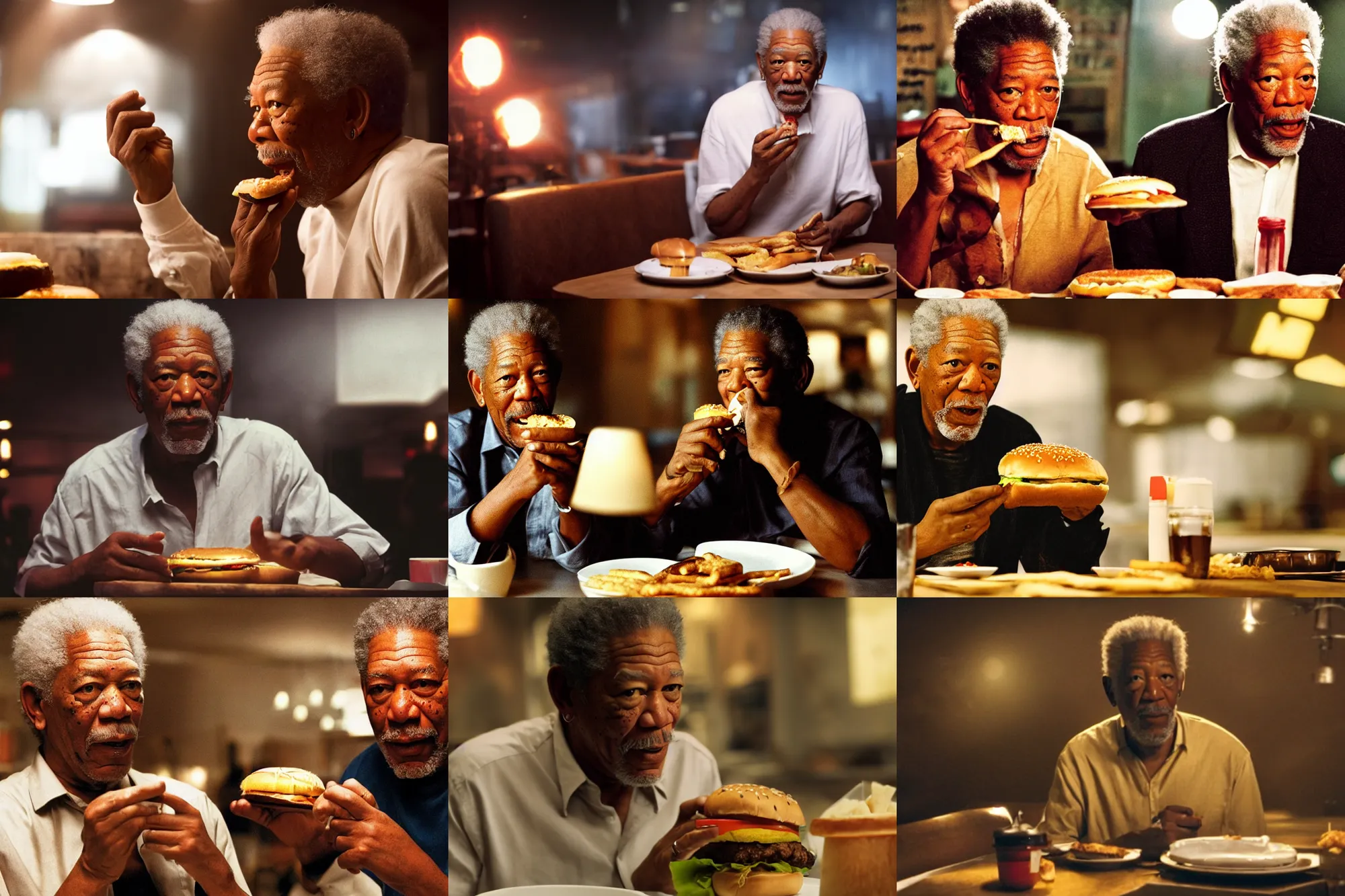 Prompt: a film still of Morgan Freeman eating a burger, dramatic lighting