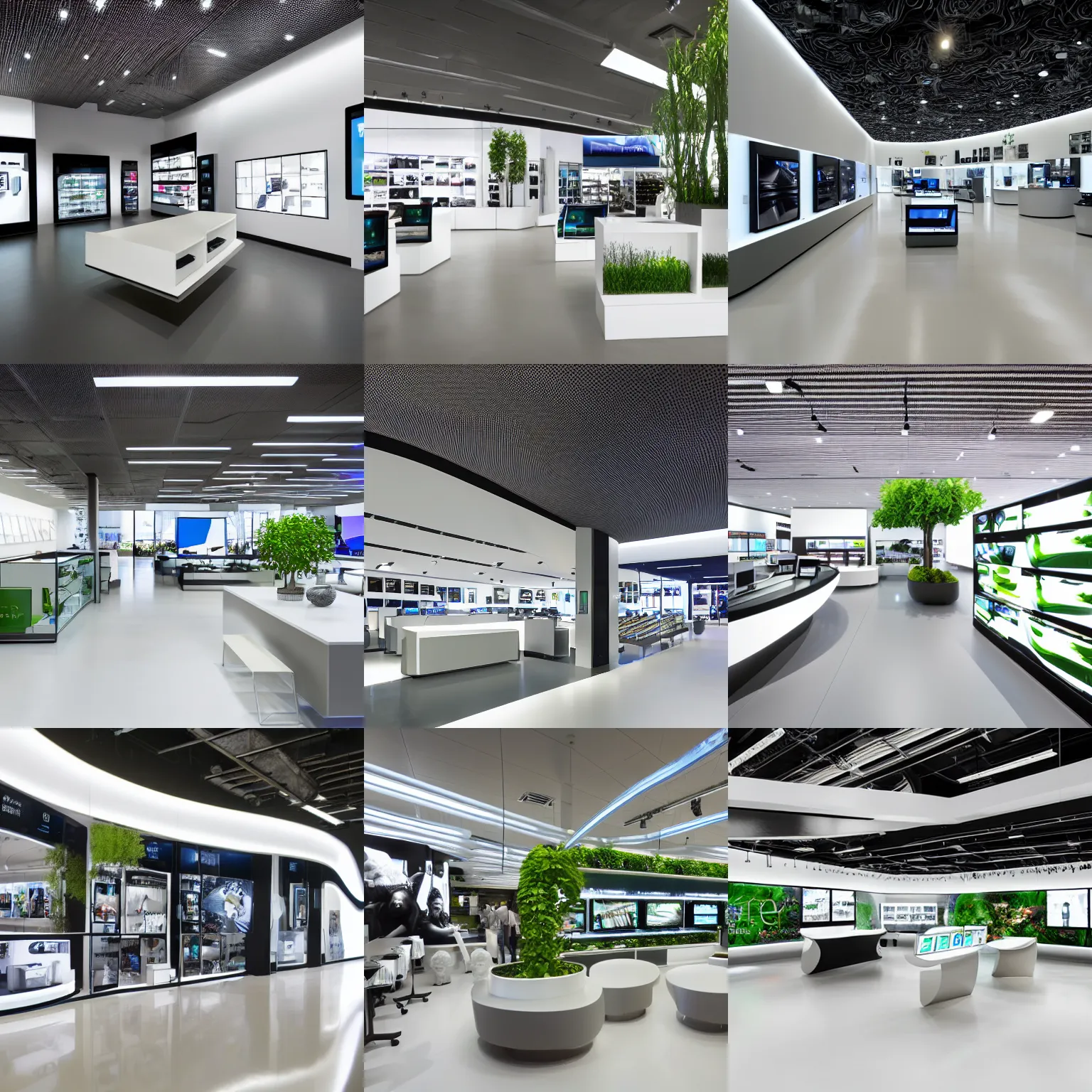 Prompt: hyperdetailed samsung store, polished concrete, white walls, digital screens, curved furniture, verdant plants.