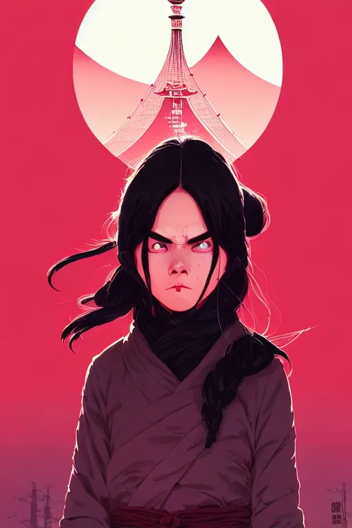 Image similar to highly detailed portrait of long ponytail black hair ninja mask female, stray wiring by atey ghailan, james gilleard, by joe fenton, by greg rutkowski, by greg tocchini, by kaethe butcher, 4 k resolution, gradient red, magenta, black and white color scheme!!! ( ( snowy ancient japan village and tokyo tower background ) )