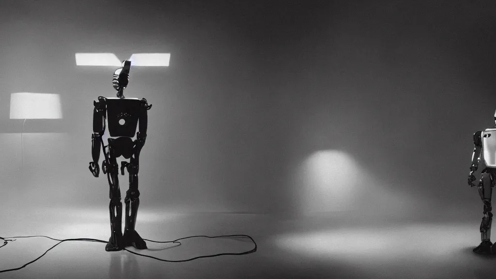 Prompt: movie scene of a robot that wanted to be human, movie still, cinematic composition, cinematic light, by David Lynch