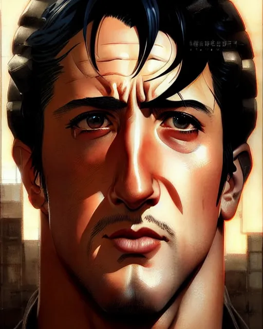 Image similar to portrait Anime 1940s Stallone Rambo Sharp fine face, realistic shaded Perfect face, fine details. Anime. cyberpunk realistic shaded lighting by katsuhiro otomo ghost-in-the-shell, magali villeneuve, artgerm, rutkowski Jeremy Lipkin and Giuseppe Dangelico Pino and Michael Garmash and Rob Rey