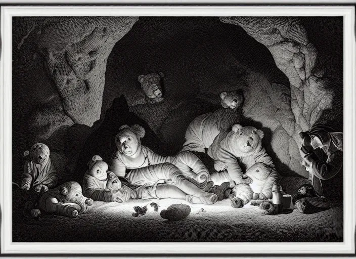 Image similar to Pieter Claesz's 'bear and her cubs sleeping in a dark cave lit by campfire', night time, cross hatching, framed