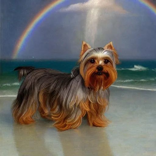 Image similar to a gray and brown Yorkshire Terrier under a rainbow at sea by Michael Sowa, head and shoulders portrait, golden hour, extremely detailed masterpiece, oil on canvas, by J. C. Leyendecker and Peter Paul Rubens and Edward Hopper and Michael Sowa,