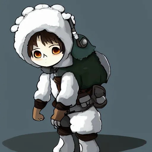 Image similar to little boy wearing sheep suit. white, gray, blue, green and brown pallet color. made in abyss art style, inspired in kris from deltarrune, cute detailed artwork, anatomically correct